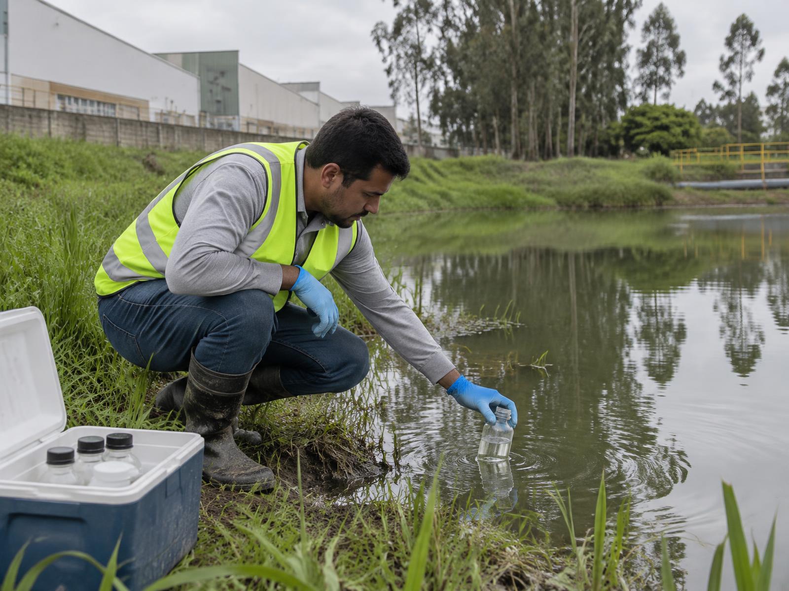 Engenheira ambiental avaliando vegetação em uma instalação empresarial
